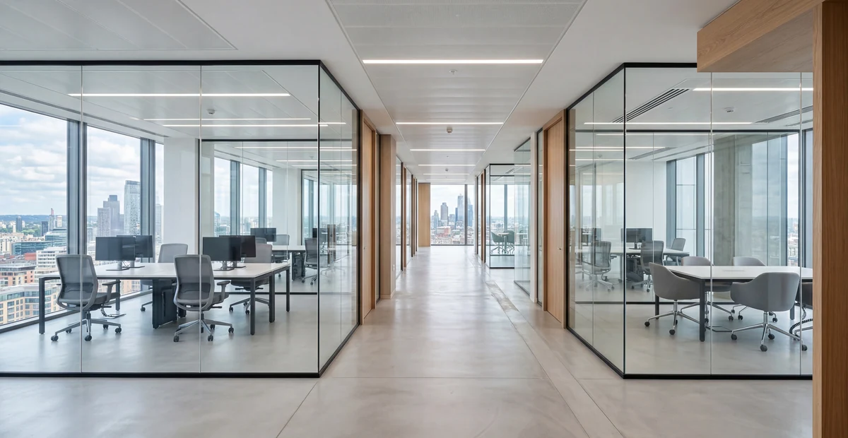 Oficinas corporativas con iluminación lineal y cableado estructurado