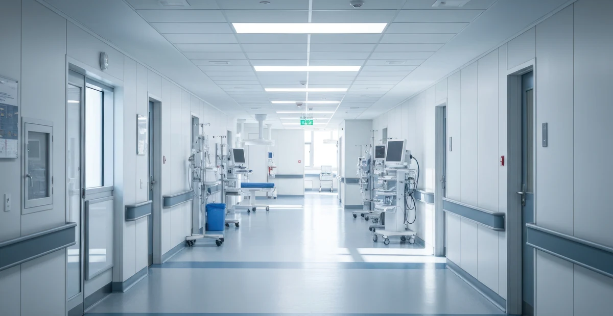 Pasillo de una clínica con equipos médicos que dependen del sistema eléctrico de emergencia