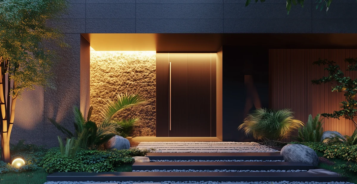 Acceso a conjunto residencial con iluminación y control de acceso en zonas comunes